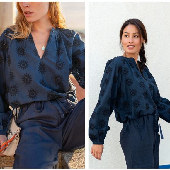 MERSEA Voyageur Poete Eyelet Top Embroidered Deep Indigo Black Sz XL {3S52} - Picture 1 of 7